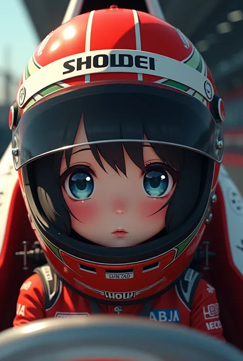 1girl is wearing F1 helmet, (((SHOEI helmet))), ((tears)), (circuit), sitting F1 cockpit, 1girl, cute girl, beautiful detailed  black hair, (((racing helmet))), (((fullface helmet:2.0))), ((covered mouth)), (((too small face area))), bikesuit, (simple desi...