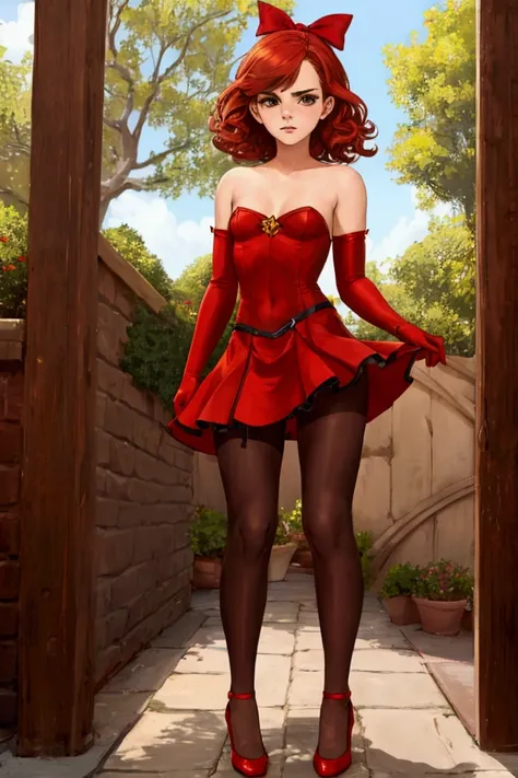 Emma Watson,  very curly red hair,  head bow,  very tiny miniskirt,  pantyhose,  satin elbow gloves,  shoes,  sun shiny day 