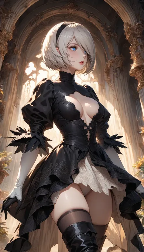 {(masterpiece,best quality, 16K portrait, UHD, extremely detailed the work, detailed beautiful face and eyes and skin and hair)} 
BREAK {(COMIC-KAIRAKUTEN style)} BREAK {1 adult-woman,(2B of Nier-Automa), (pale-off-white colored hair, short cut hair),(very...