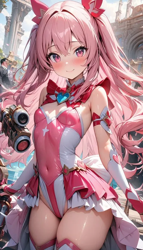 ((masterpiece)), ((highest quality)), (Super detailed), ((cute)), cute, (Lovely), ((sexy)), (device), ((Very detailed)), 4K, (8k), highest quality, (beautiful), One girl, , Shiny skin, Pink Hair, Long Hair, Both sides up, Pink Eyes, Magical girl, , Small b...