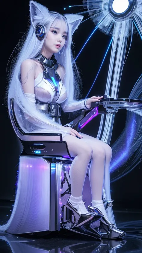 Ultra HD,masterpiece,Beautiful and realistic character expression. Her hair is long、It is a beautiful silver color., Beautiful as silk, clear, dimly glowing, Ominous Light, Fox-like ears, and bushy, Fluffy silver fox tail, Her white skin glows faintly in t...