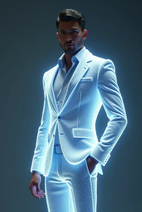 A man in a sharp, tailored suit, his body and clothing shimmering with a crystal-like effect, glow