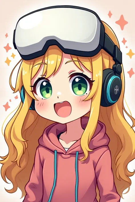 Dessin chibi emote dune  blonde avec des cheveux long épais et ondulés aux yeux verts avec un casque gaming de jeux video blanc ou on voit juste sa tete avec une expression hyper mege trop contente. le tout dans un univers girly