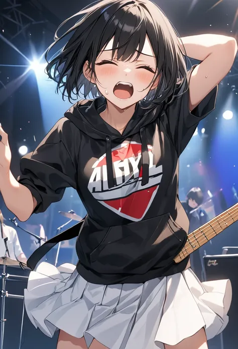 anime、((Amazingly absurd)),(masterpiece:1.2),超High resolution, Attention to detail, high quality, High resolution, 最high quality, 4K, 8k、Pulling the guitar、Black hoodie、White Skirt、Black Hair、short hair、On stage、1 person、Grit your teeth、Painful expression、...