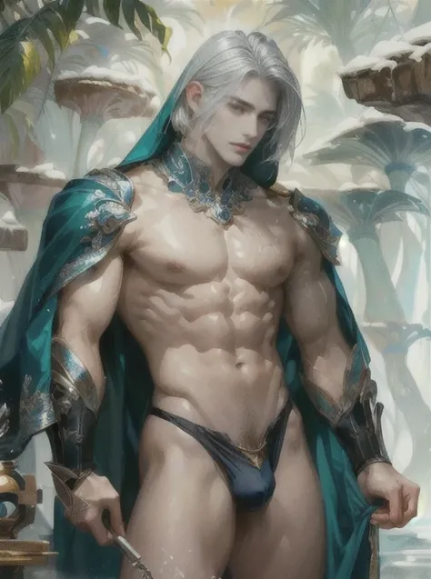 arafed male with ((short hair)) standing inside the cave, beautiful male, muscular slender male, skinny male fantasy alchemist, a male, a portrait of a male , fantasy male portrat, silvery skinned male, wearing thongs 