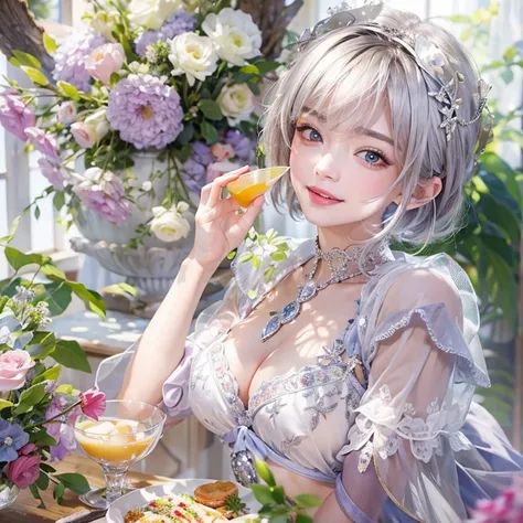 (masterpiece:1.3), (8k, Realistic, RAW Photos, Best image quality: 1.4), Fair-skinned fairy woman、short hair、Cleavage:2.0、Highly detailed face、Attention to detail、double eyelid、Sharp focus:1.2、Beautiful woman:1.4、Silvery white hair、highest quality、masterpi...