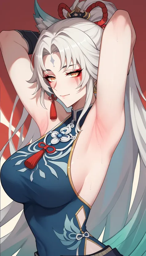 anime girl with long white hair and blue dress posing, white haired deity, by shitao, seductive anime girl, white haired, perfec...