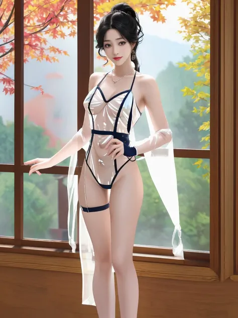 一个有着美丽脸庞的Sexy中国华裔女孩, Wear a transparent men&#39;s shirt, Glowing blue iris,
(((night, There are autumn maple trees outside the window, Indoor hot spring))), 
((8K Ultra HD, 8K, Ultra high resolution, best quality, Super Fine, Clear focus. Masterpieces, com...