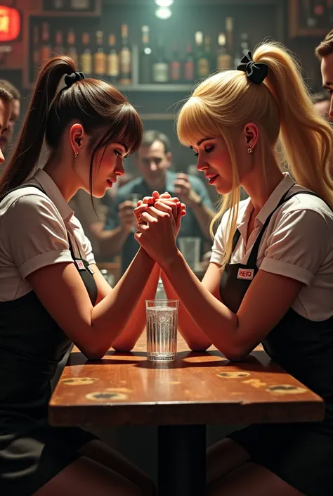 group of waitress woman so angry bar arm wrestling