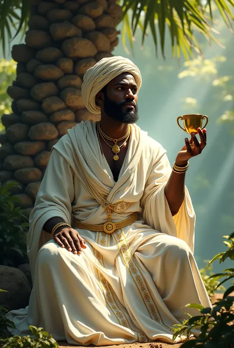 i hope, black male, white robes and cap, an african deity, sitting under a palm tree, with a chalice of the gods in his hand