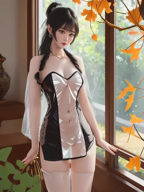 一个有着美丽脸庞的Sexy中国华裔女孩, Wear a transparent men&#39;s shirt, ((Glowing blue iris,))
(((night, By the living room window, Outside the window is the autumn ginkgo tree, Ginkgo leaves all over the ground))), 
((8K Ultra HD, 8K, Ultra high resolution, best quality...