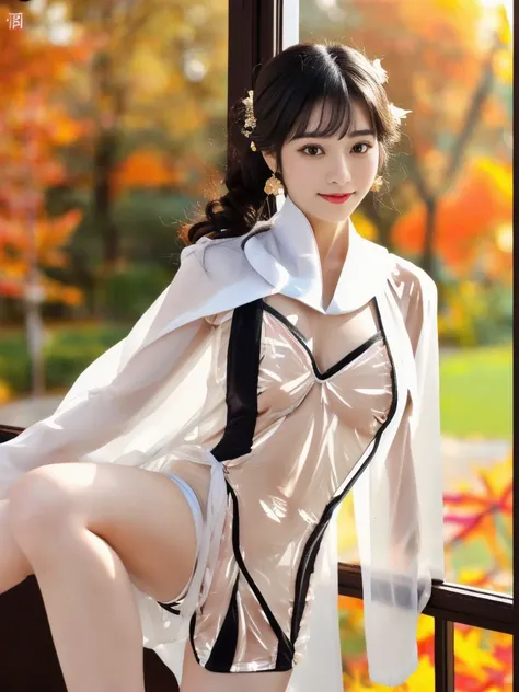 一个有着美丽脸庞的sexy中国华裔女孩, wear a transparent men&#39;s shirt, glowing blue iris,
(((night, there are autumn maple trees outside the w...