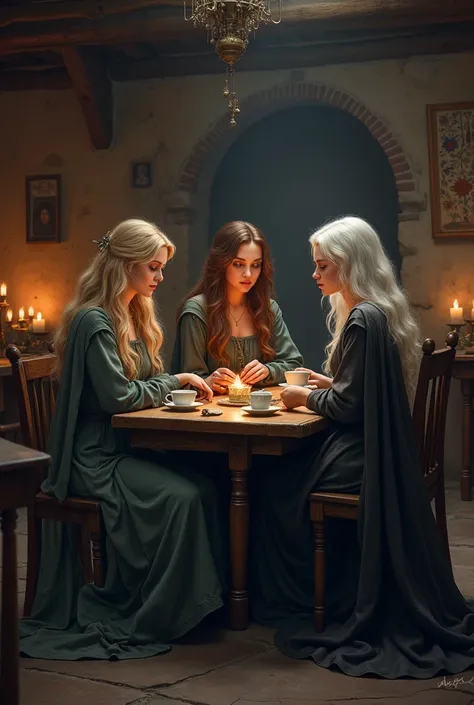  blonde, brunette and white haired sitting at table in medieval tavern drinking tea at night