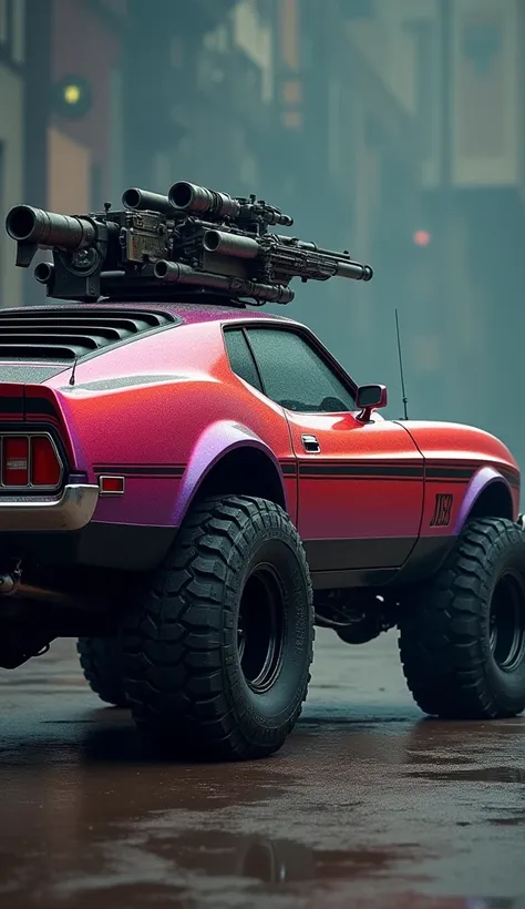 side view, a highly detailed 1976 ford mustang, massive off-road wheels, guns mounted on the roof, paint in a vibrant colorful gradient across the entire body, the entire colour palette in a colour gradient car painting (red, green, blue, yellow, orange, b...