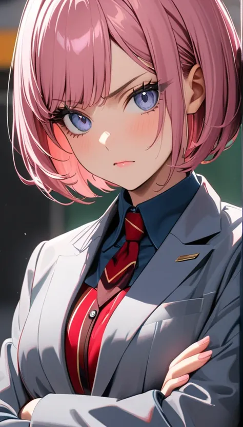 (masterpiece)、(absurdres)、(ultra detailed)、(8k), 1woman, solo, pink hair, bob cut, gray eyes, droopy eyes, detailed eyes, eyelashes, light lips, 25years old, crossed arms, angry, closed mouth, wear ((Gray suit with red stripes)) ,cowboy shot