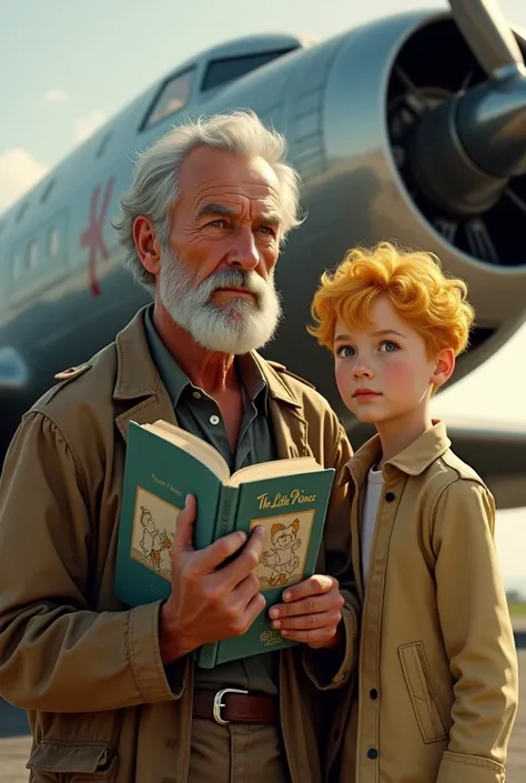 Hemingway, In the hands of a book "The Little Prince", his hero is next to him , little prince in front of an airplane