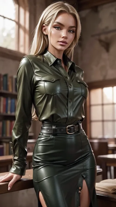 beautiful photo (go4nw4tt5), blonde, as a naughty teacher, (army green buttonless leather blouse:1.3), lace-up high-slit leather...