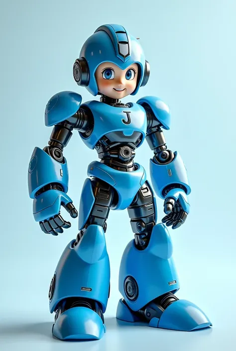 create a blue robot, made up of parts of a car, well detailed, clean image that looks hyper realistic, contain a J in its chest , that the parts of the car that make it up are detailed, that looks friendly, cheerful and that has an appearance similar to Me...