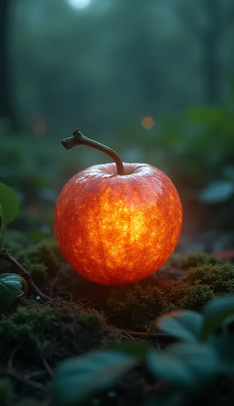 A close-up of the forbidden fruit, glowing subtly as a symbol of temptation. The background is an ethereal garden setting, with hints of darkness creeping in. UHD and realistic, with a mysterious feel."