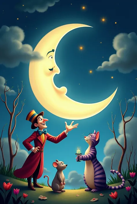 You can create a drawing with the moon in the background. ( representing one of the twins )and around the characters of the king from Alice in Wonderland, the mouse and the cat that the characters should be from the animated film and that the characters ar...