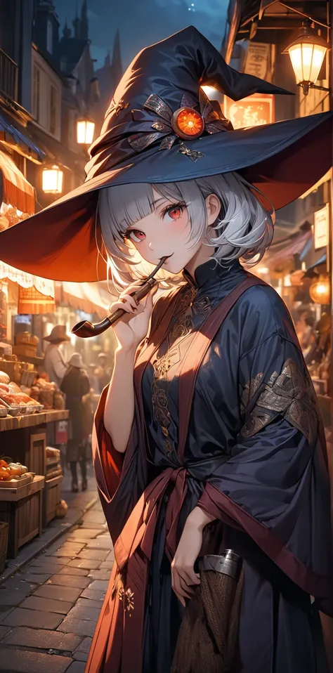 Ultra high resolution, rich colors, perfect image, best quality, detailed image, beautiful woman, glowing skin, skin and clothing texture, delicate eyes, night, street vendor witch, witch hat, tobacco pipe, holding in mouth, silver hair blunt bangs, red ey...