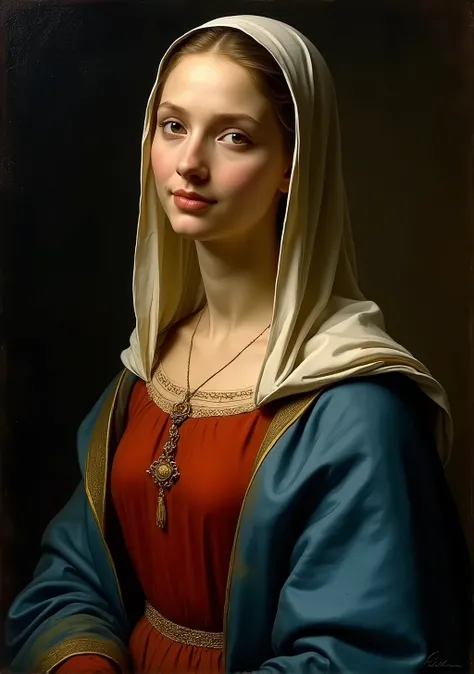 ((Dutch painter of the 17th century、Oil painting by Johannes Vermeer)), ((Highest quality, masterpiece, Full of details)), Beautiful young virgin Mary, slim, red tunic, Blue cloak, Veil, look kindly at the camera, ((Golden aura)), Black Background, Ultra H...