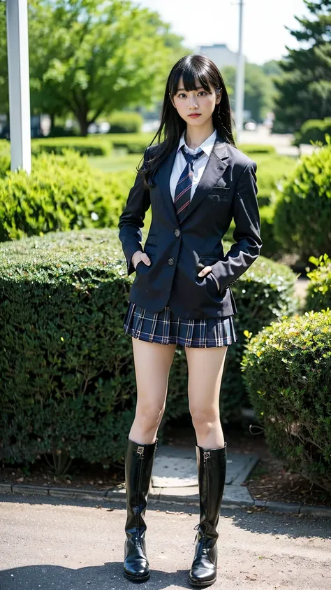 (8k、raw photos、highest quality、masterpiece:1.2)、(realistic、realistic)、1 person、((black blazer、schoolgirl uniform、shirt、tie、チェックm...