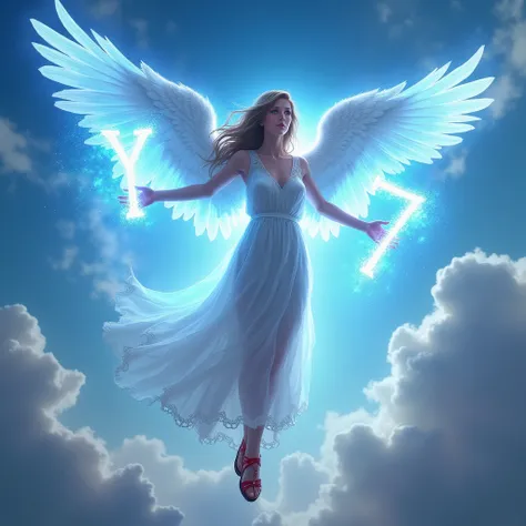 A female angel with blue fire eyes, red sandal, flying in the skies with the blue fire letter Y in his right hand and the blue fire number 7 in his left hand.