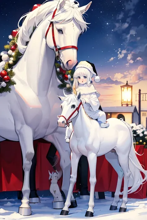 Pure white mare and foal　Thoroughbred parent and child　white christmas night　A pure white horse dressed as Santa Claus　Foal dressed as Santa Claus　Horse parent and child　A pure white horse wearing a Santa Claus costume　A silvery white Christmas　Not on eart...