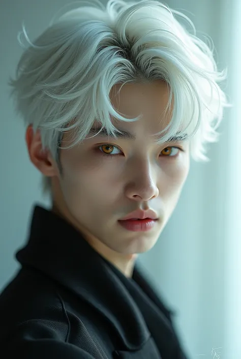 Young Korean man, with white hair and golden eyes
