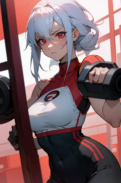 ((8k quality)), ((hdr)), ((gym))). A high-resolution 8K image of a realistic-style anime girl with white hair and red eyes, lifting weights in a modern gym. Her hair is styled in a sleek, athletic manner, and her intense red eyes convey focus and determina...