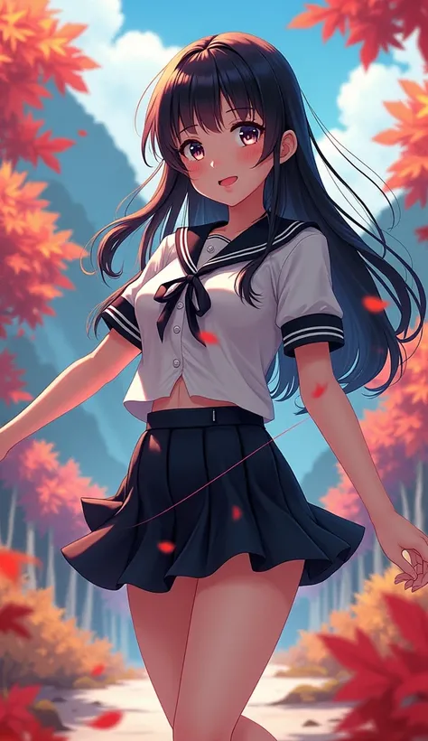 beautiful girl、UniformFashionableMini Skirt、Black Hair, bangs, ribbon, tongue, Speed Line, Cinematic light effects, fluorescence, Illustration, anime, Mountain、autumn、autumn leaves、爽快Illustration, 3D Rendering, anime風, Diversity, 