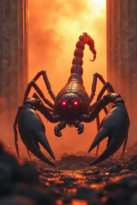 mythological creatures, scary giant scorpions, scorpions look ready to eat, his eyes glowing red, the atmosphere tense, add two pillars of the kingdom collapsing, add orange smoke, the scorpion is very scary.