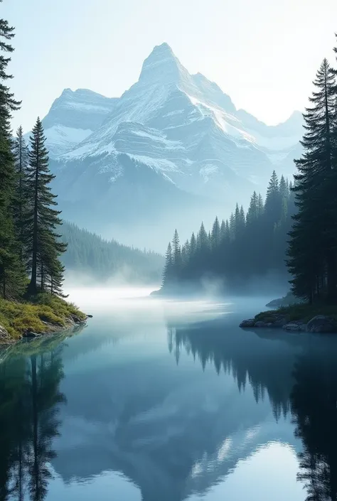 A serene mountain landscape in the early morning, with mist drifting over a calm lake, surrounded by towering pine trees and snow-capped peaks

