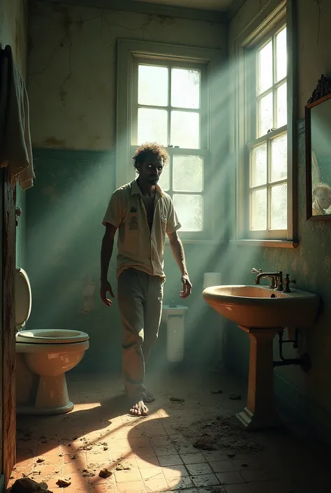 Bathroom of an old house with low lighting and dust in the air with a zombie in clothes on a sunny day 