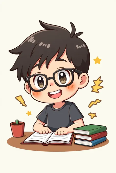 Please help me draw a chibi character, wearing glasses, short hair, smiling, likes to study IT. A male character, if you are explaining it.