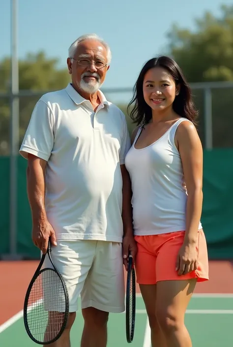 An old medium built body and young woman chubby posing as tennis partners. Filipino nationality 