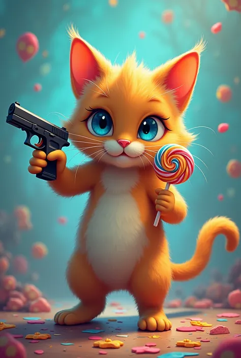 A cat with gun with lollipop 
