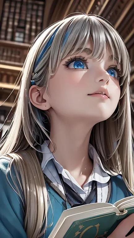 masterpiece, best quality, highres, 8k, (photorealistic:1.3),
(Greige hair:1.2), (highlights:1.1), (blue streaks:1.3), (no pink streaks:1.5), braided bangs, high ponytail,
turquoise blue eyes,
1, youthful,
(reading a magical book with a gentle smile, engro...