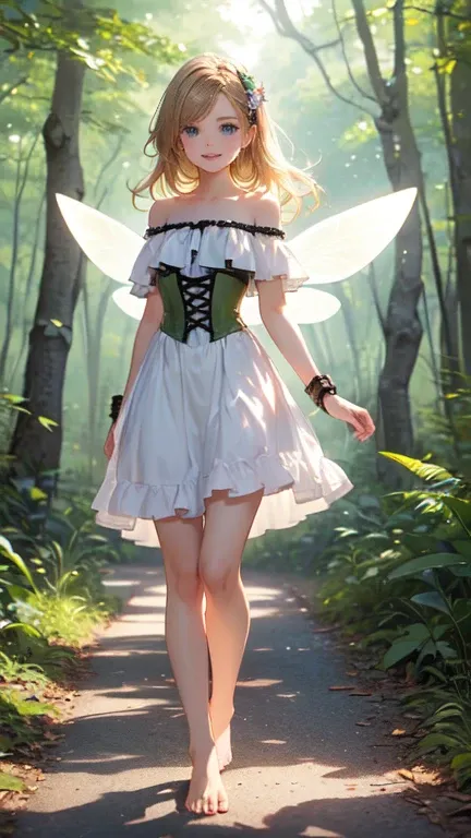 ((Masterpiece, superlative, best quality)) (1 girl, smiling, fantasy, full body, (1 girl, 53", small, 125 pounds, 23-years-old, simple short white dress, off the shoulder, wench dress, dark green corset, barefoot, leather arm guards, long light brownish-bl...