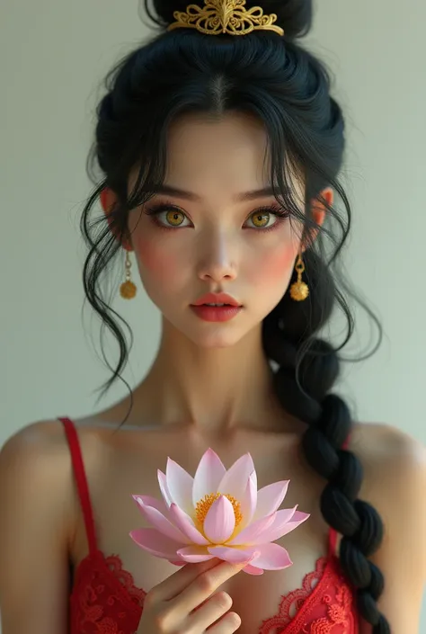 Masterpiece, Realistic, 1 Girl, (MyleneHFV4), Black hair, Yellow eyes, Ring eyes, Braided ponytail, ((POV, Close shot)), Red bra, Bra comes off, Nipples, Highlighting breasts, Gold crown on head, Hindu Goddess, Lotus flower in hand, full body visible