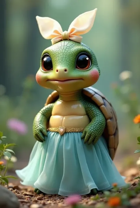 Cute turtle、Dressed as a princess、Stand on hind legs、Every pixel shines with quality,put a ribbon on your head、Wearing a long light blue skirt , A touch of magic will charm you
