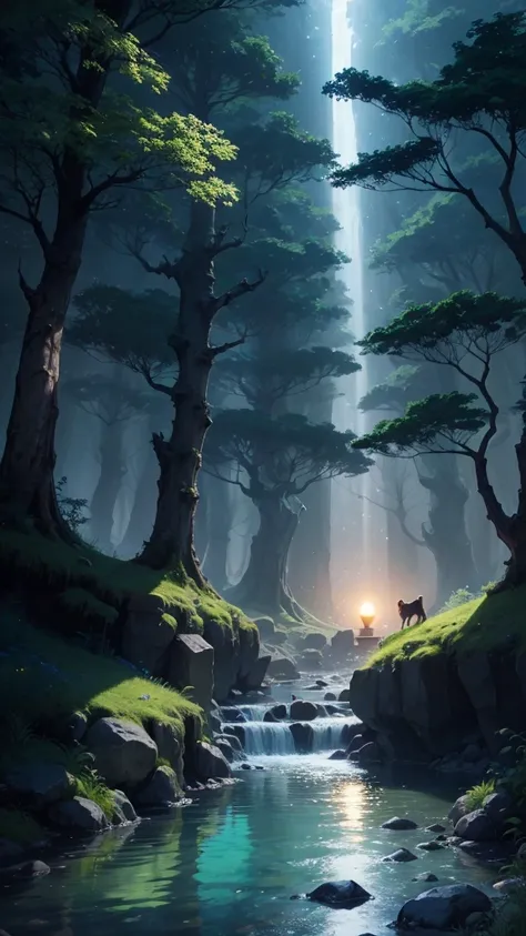 /imagine prompt: Viral anime nature wallpaper in 4K quality, in the style of digital illustration inspired by Hayao Miyazaki, featuring a serene forest with towering ancient trees, dappled sunlight filtering through the leaves, a gentle stream flowing thro...