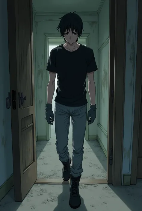 Make an anime character (male gender) that his shirt is black and his hair is black too and his pants are gray and his boots are black and his gloves are gray too, enters an abandoned but well-maintained house