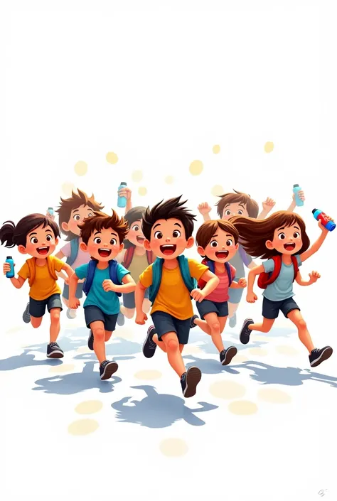 Create a vibrant, animated image of a group of children running without backpacks. All children must be holding water bottles in their hands., showing enthusiasm and movement. Children&#39;s expressions should convey energy and excitement. The image backgr...