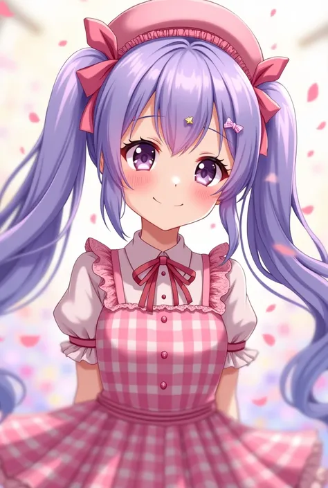 One girl, Long Hair, High resolution, Twin tails, Highest quality, High resolution, Ultra high definition, smile, Fisheye Shot, beret, Sparkle Effect, Anime Style, Ultra-detailed, Light purple hair、Pink Mesh、Checked dress