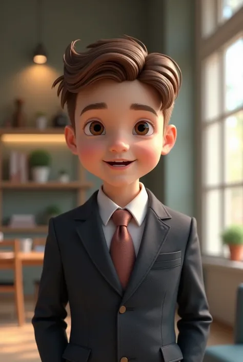 create for me the image of a man. he is 2, has short brown hair and is well dressed. he is successful, but he is friendly and likeable.