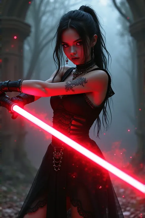 Gothic teen girl with red lightsaber