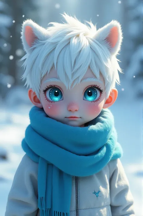 boy white hair white coat white eyebrows white eyelashes bright blue eyes cyan scarf covering mouth and nose polar bear ears with fangs and powers of ice and snow 
