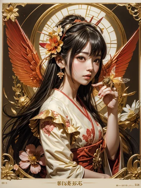 Japanese style girl with bee wings and a flower on her head, Hime cut, Long Hair, Character portrait, red